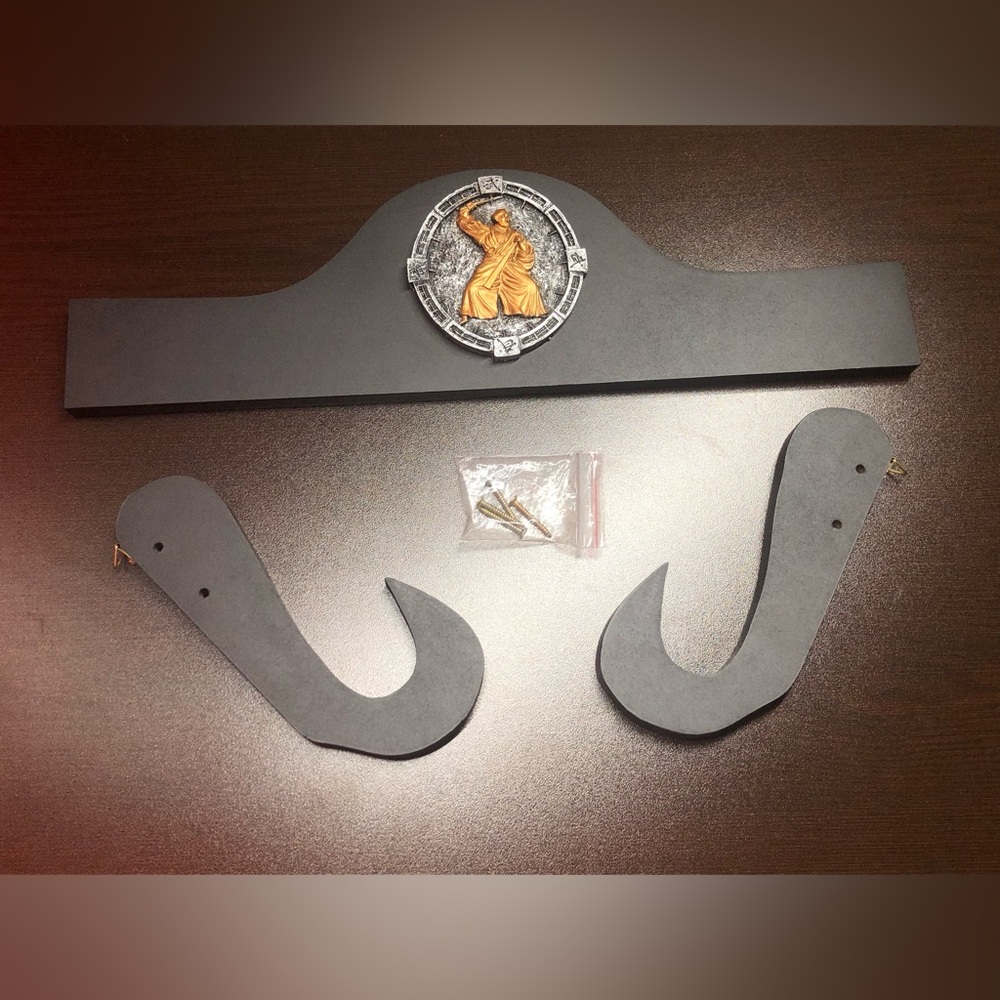 Sword Wall Hanger Wooden Construction With Black Finish And Ornamental Medallion